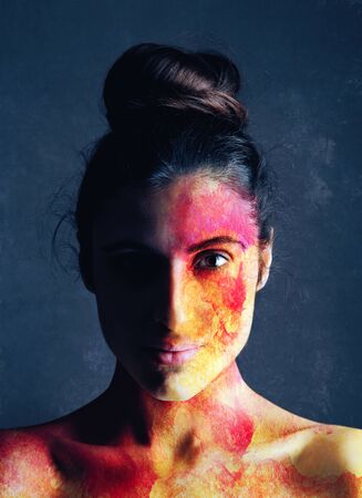 Destruction, Female Portrait with destructive texture over skinの写真素材