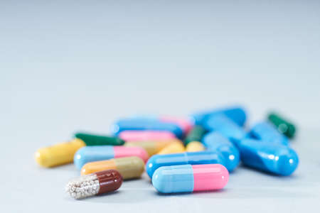 Medical and pharmacy backgrounds with drugs over the deskの写真素材