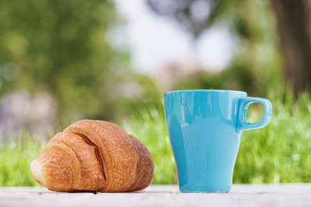 Croissant and tea. Healthy food in the city parkの写真素材