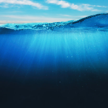 Deep underwater, abstract marine background. Tranquil view