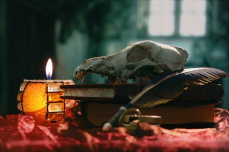 In the abode of the alchemist and magician. Magic Halloween backgroundの写真素材