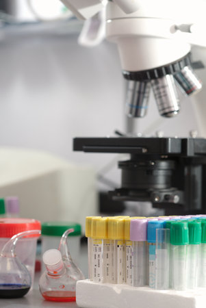Scientific microscope, test tubes and microscope in laboratory. Laboratory research and development concept.の写真素材