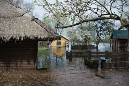 Flooding in Kyiv, Ukraine. April 2023 Park "Muromets" on the banks of the Dnieper River.の写真素材