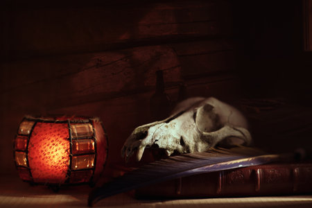 In the abode of the alchemist and magician. Magic Halloween backgroundの写真素材