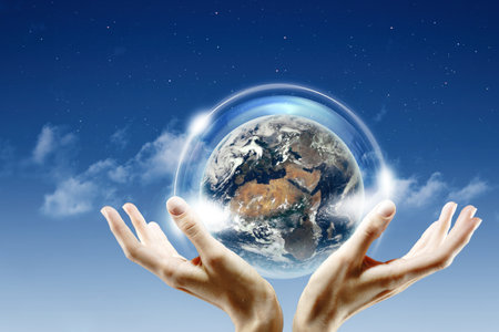 Earth is our Home. Blue Planet in human hands. Abstract eco and environmental backgrounds