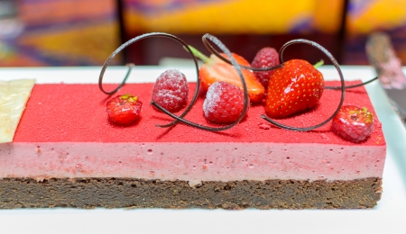 Strawberry cake in the dinning room of Thai hotel