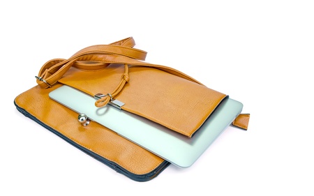 Leather Ladies Handbag with Tablet PC on white backgroundの写真素材