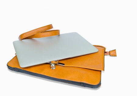 Leather Ladies Handbag with Tablet PC on white backgroundの写真素材