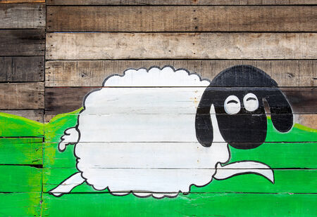 Wooden background with a sheep painting, Thailandの写真素材
