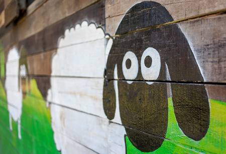Wooden background with a sheep painting, Thailandの写真素材