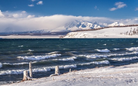 Beautiful landscape with lake and mountain. Mongolia lake khubsugulの写真素材