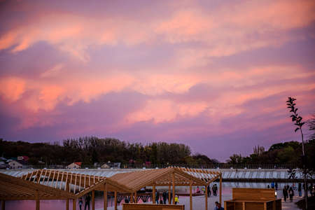 Dramatic sunrise, sunset pink purple sky with clouds background texture. Beautiful sky above the forestの写真素材