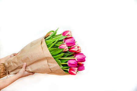 Large bouquet of tulips in hand on a white background close-up. Concept for 8 march, international women's day, valentine's day, giftの写真素材