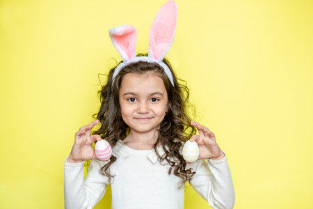 Happy curly little girl wears bunny ears raises colored Easter eggs, likes celebration and mystery of holiday, dressed in white t-shirt, isolated on yellow background. Seasonal holiday conceptの写真素材