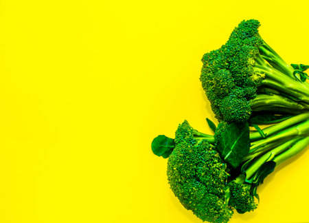 Juicy greens and broccoli on a yellow background. place for inscriptionの写真素材