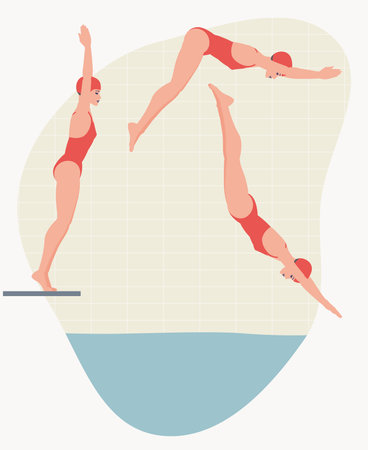 Vector illustration of a woman in swimsuit jumping into a swimming poolのイラスト素材