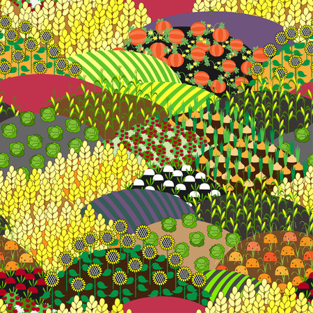 Plenteous Fields Seamless Pattern. Harvest background. Fields with Different Agricultural Culture.. Pumpkins, Corn, Tomatoes, Beet, Cabbage, Carrot, Sunflower, Lavender and Greenery. Farming landscapeのイラスト素材