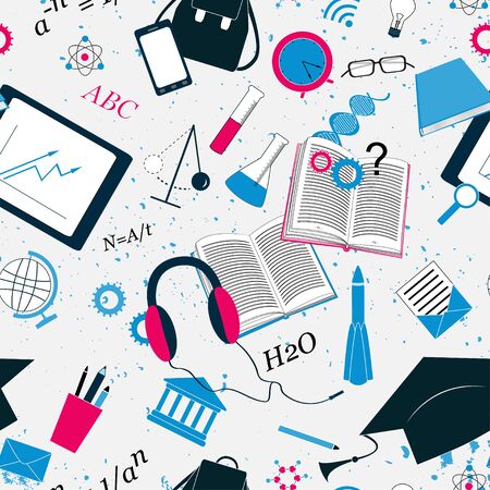 Cute back to school background with students and pupils attributes. Education backgroundのイラスト素材