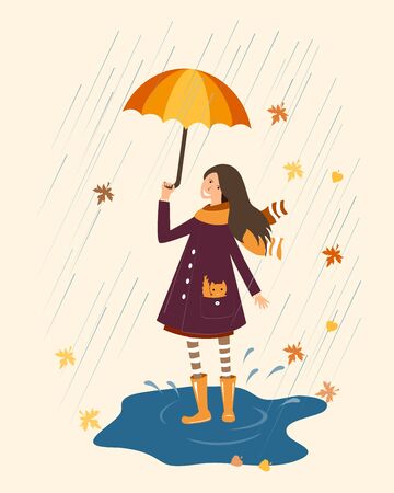 Happy girl with umbrella on the rainy background.のイラスト素材