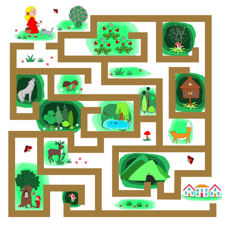 Childish labyrinth with girl that should find the right way to the home.のイラスト素材