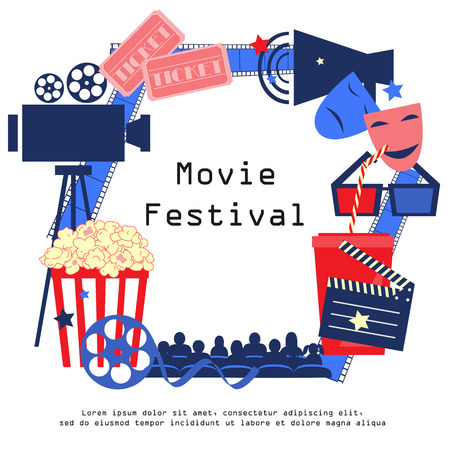 Cinema sign with cinema icons set in flat design styleのイラスト素材