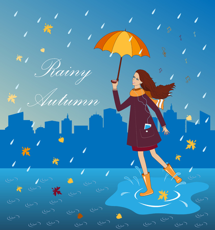 Pretty girl listening to music with an umbrella. Happy womanのイラスト素材