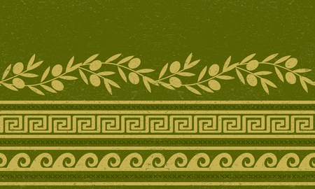 Seamless pattern with olives, wheat, and greek symbols. Rich ancient stylized ornament. Seamless pattern with olives, wheat, and greek symbols. Rich ancient stylized ornament.