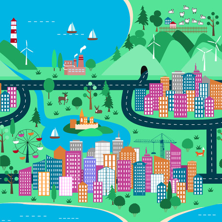 Top view landscape with city, sea, roads, factory, wing turbines, trees and farmのイラスト素材