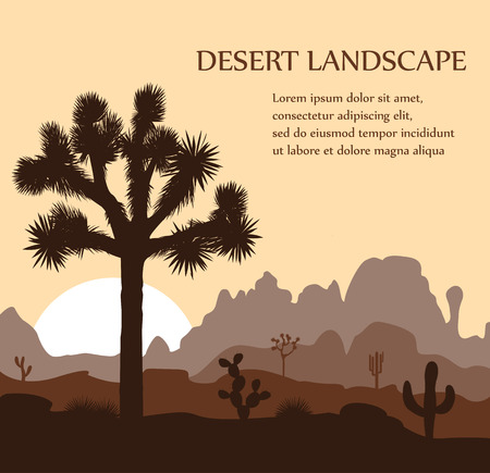 Morning landscape with Joshua tree and mountains over sunrise. Vector illustration.のイラスト素材