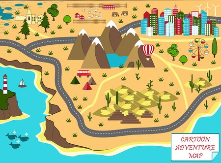 Cartoon map with sea, mountains, desert, and city. Adventure space with mystical swamp, old ruins, mountains, lake, cave, desert, and pyramidsのイラスト素材