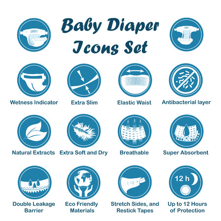 Diaper characteristics icons. Natural extracts, slim, antibacterial, wetness indicator, stretch sides, restick tapes, eco friendly, leak barriers, super absorbent, elastic waist, breathable, soft, dry.のイラスト素材