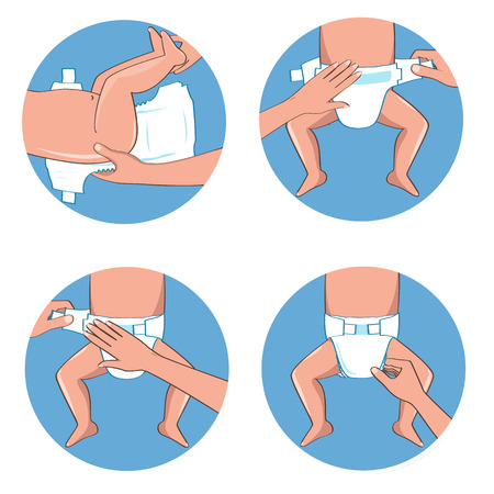 How to wear a diaper steps. Simple manual in illustrations for diapers packs or other information.のイラスト素材