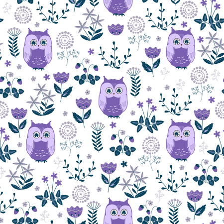 Cute colorful floral seamless pattern with owlsのイラスト素材