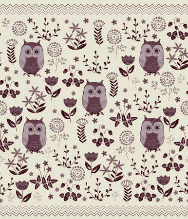 Cute colorful floral seamless pattern with owls.のイラスト素材