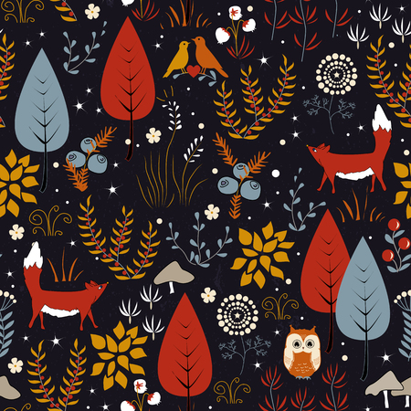 Vector seamless pattern with forest plants, birds, and foxes. Autumn backgroundのイラスト素材