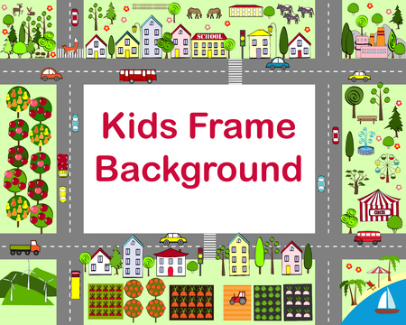 Cartoon city frame with houses, garden, fields, sea, attraction, and roads. City map.のイラスト素材