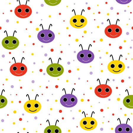Cute seamless pattern with happy smiling beetles. Vector illustration. Kids backgroundのイラスト素材