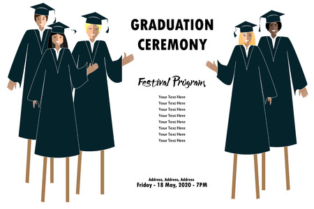 Young students guys and girls banner. Graduation festival border. Happy Graduates on stiltsのイラスト素材