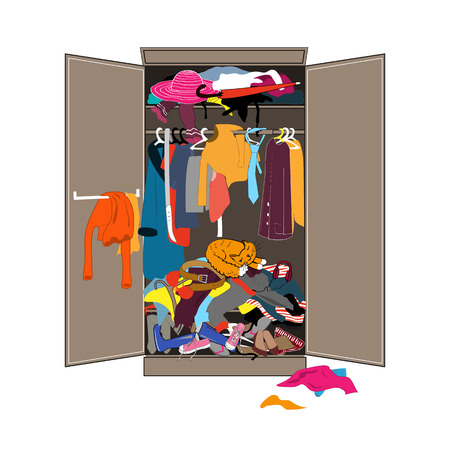 Untidy open woman wardrobe. Closet with messy clothes. Home mess interior. Flat design vector illustration.のイラスト素材