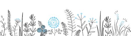 Vector seamless border with forest and meadow plants. Background for frames, decorative scotch tape, posters, kids illustrations.のイラスト素材