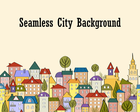 Seamless banner background with rows of colorful cartoon housesのイラスト素材