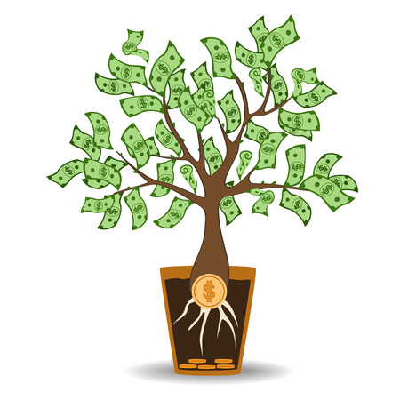 Money tree growing from a coin root. Green cash banknotes tree in ceramic pot. Modern flat style concept vector illustrationのイラスト素材