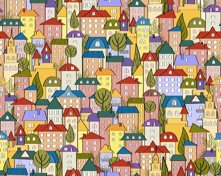 Vector seamless colored city background with cute houses and treesのイラスト素材