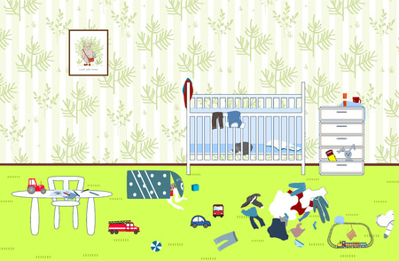 Kids untidy and messy room. Child scattered toys and clothing. Childrens room. Mess in the houseのイラスト素材