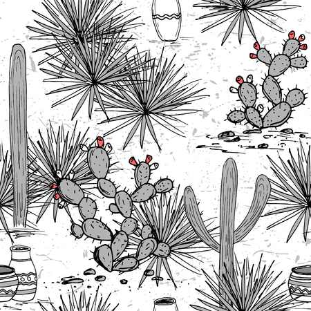 Hand drawn set with jars, saguaro, blue agave, and and prickly pear. Latin American background. Mexican landscape Vector illustration.のイラスト素材