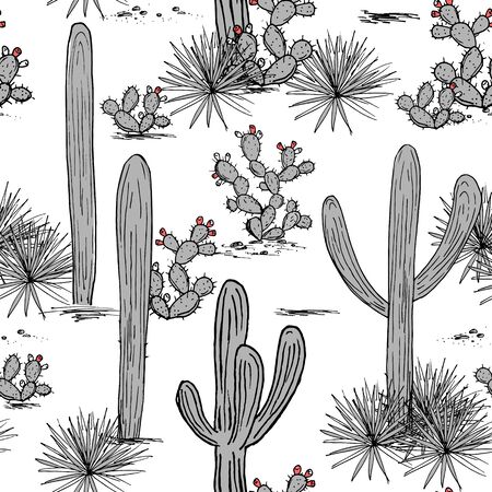 Hand drawn set with saguaro, blue agave, and prickly pear cactus. Latin American background. Mexican landscape Vector illustration.のイラスト素材