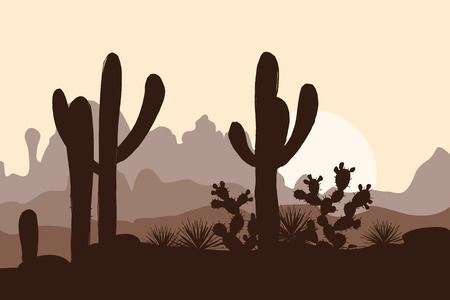 Morning landscape with saguaro cacti, prickly pear, and agaves in mountains. Vector illustration. Cute brown paletteのイラスト素材