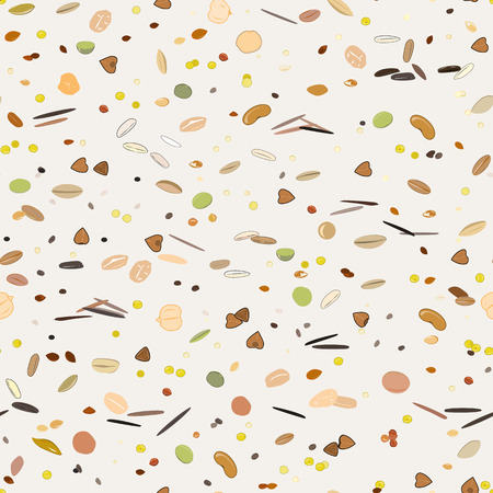 Seamless pattern with grains and cereals. Wheat, barley, oats, rye, buckwheat, amaranth, rice, millet, sorghum, quinoa, chia, oatmeal and legumes. Vector illustrationのイラスト素材