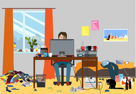 Illustration of a Disorganized Room Littered With Pieces of Trash.のイラスト素材