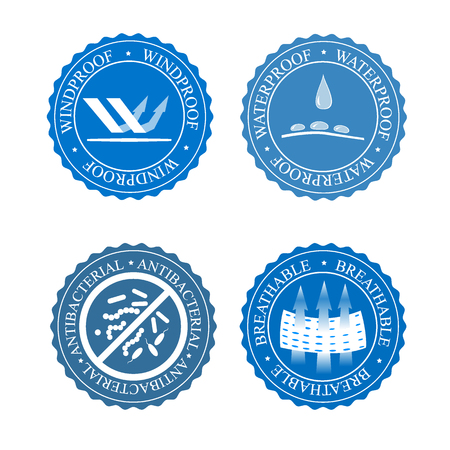 A Vector icons set of fabric features. Wind proof, antibacterial, waterproof, and breathable wear labels. Textile industry pictogram for clothes.のイラスト素材